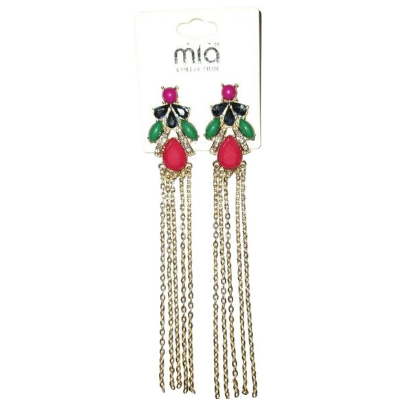 Mia Collection Long Gold Tone Chain Green Red Blue Faux Gemstone Earrings, 5" - Picture 5 of 6